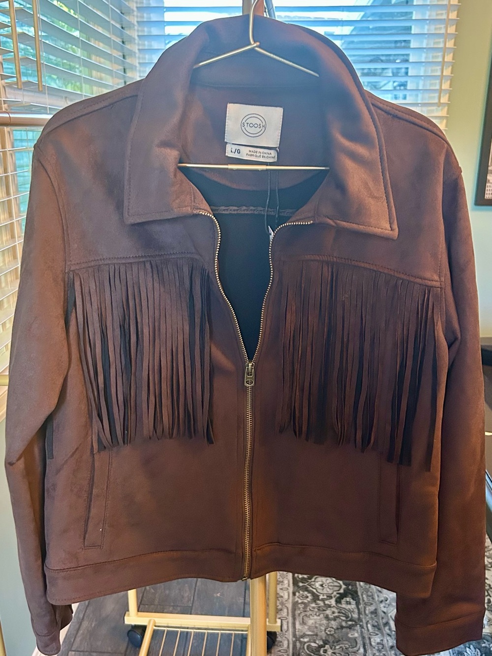Stoosh Brown faux Suede Fringe Zip Jacket NWT Size L